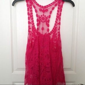 Fun2Fun Mia Hot Pink Sheer Crochet Lace Tank Top